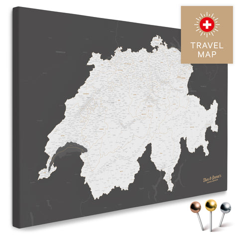 Schweiz-Landkarte in Dunkelgrau als Pinnwand Leinwand zum Pinnen und Markieren von Reisezielen kaufen