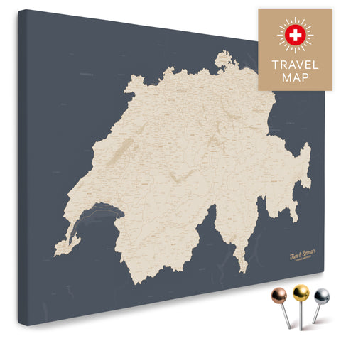 Schweiz-Landkarte in Hale Navy (Dunkelblau-Gold) als Pinnwand Leinwand zum Pinnen und Markieren von Reisezielen kaufen