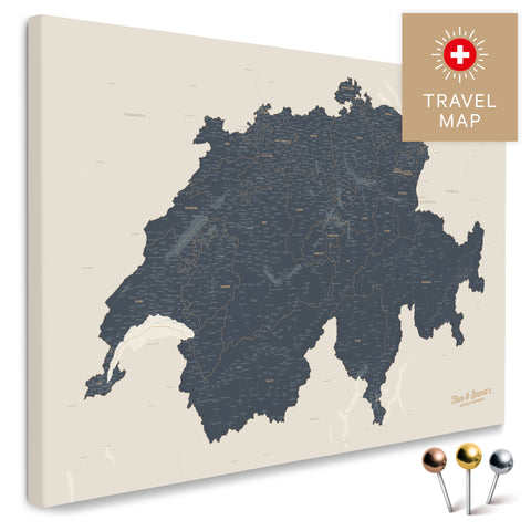 Schweiz-Landkarte in Navy Light als Pinnwand Leinwand zum Pinnen und Markieren von Reisezielen kaufen