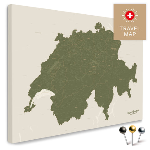 Schweiz-Landkarte in Olive Green als Pinnwand Leinwand zum Pinnen und Markieren von Reisezielen kaufen