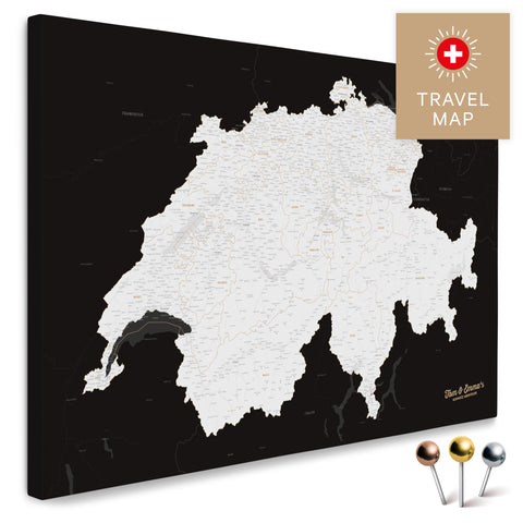 Schweiz-Landkarte in Schwarz-Weiß als Pinnwand Leinwand zum Pinnen und Markieren von Reisezielen kaufen