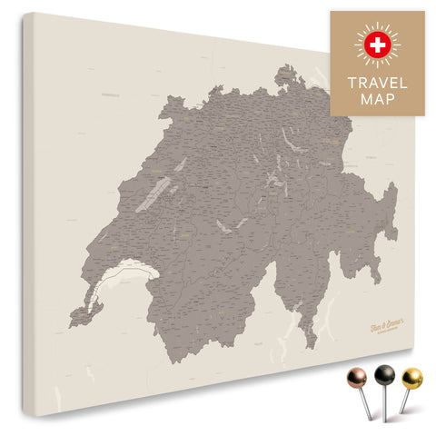 Schweiz-Landkarte in Warmgray (Braun-Grau) als Pinnwand Leinwand zum Pinnen und Markieren von Reisezielen kaufen