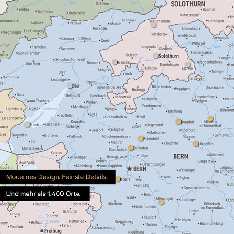 Ausschnitte einer politischen Schweizkarte in der Region Freiburg und Thunersee in Multicolor Atlas mit 1.400 Orten