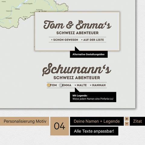 Magnetboard Schweiz-Karte in Multicolor Atlas mit Personalisierung als Logo mit Familiennamen