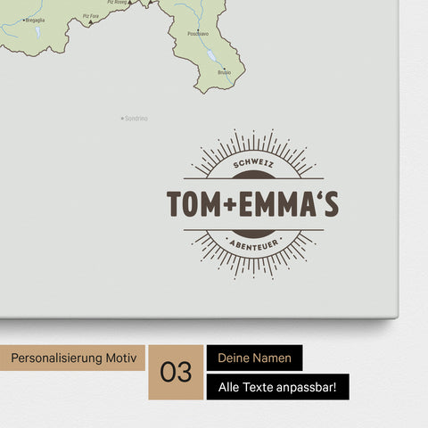 Politische Schweiz-Karte als Pinn-Leinwand in Multicolor Atlas mit eingedruckten Namen als Logo in Form einer Sonne