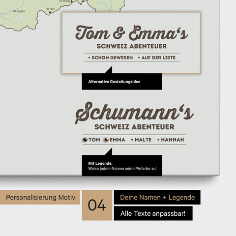 Pinnwand Leinwand einer politischen Schweiz-Karte in Multicolor Atlas mit Personalisierung als Logo mit Familiennamen