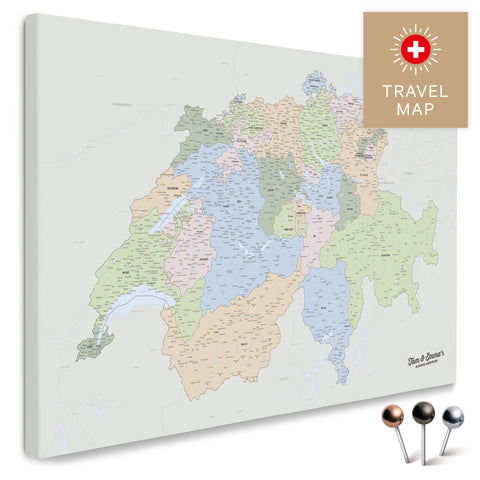 Politische Schweiz-Landkarte in Multicolor Atlas als Pinnwand Leinwand zum Pinnen und Markieren von Reisezielen kaufen