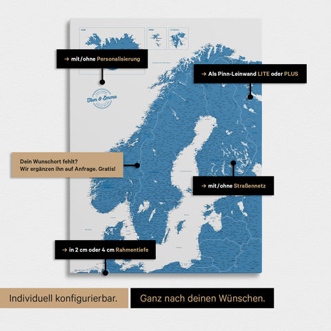 Konfigurationsmöglichkeiten einer Skandinavien-Landkarte als Pinn-Leinwand in Blau 