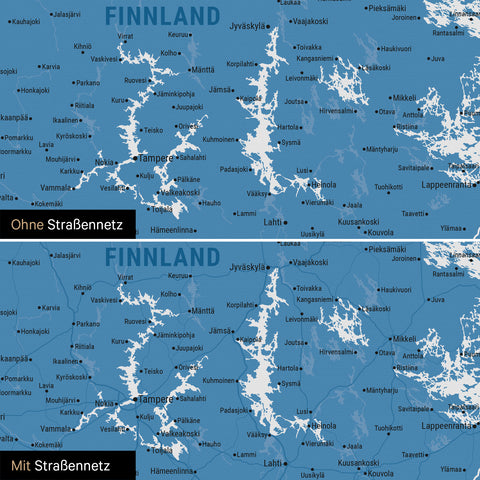 Skandinavien-Karte Leinwand in Blau wahlweise mit oder ohne Straßennetz