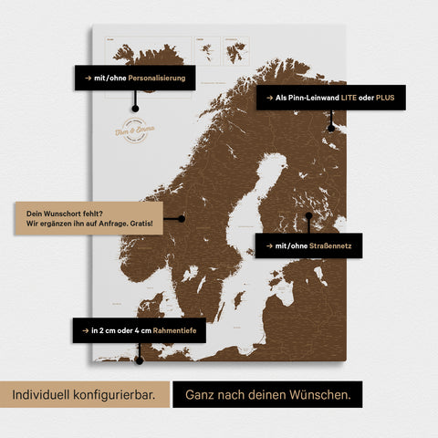 Konfigurationsmöglichkeiten einer Skandinavien-Landkarte als Pinn-Leinwand in Braun 