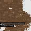 Ausschnitte einer Skandinavienkarte mit der Region Stockholm in Schweden als Pinn-Leinwand in Braun mit 2.900 Orten