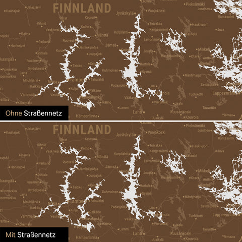 Skandinavien-Karte Leinwand in Braun wahlweise mit oder ohne Straßennetz