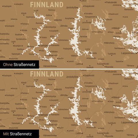 Skandinavien-Karte Leinwand in Bronze wahlweise mit oder ohne Straßennetz