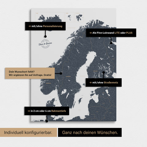 Konfigurationsmöglichkeiten einer Skandinavien-Landkarte als Pinn-Leinwand in Denim Blue 