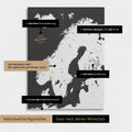 Konfigurationsmöglichkeiten einer Skandinavien-Landkarte als Pinn-Leinwand in Dunkelgrau 