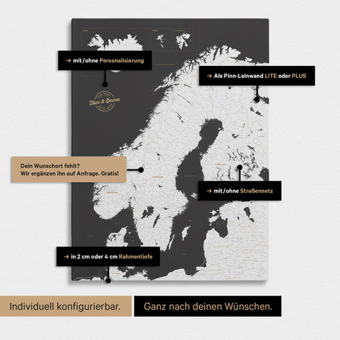 Konfigurationsmöglichkeiten einer Skandinavien-Landkarte als Pinn-Leinwand in Dunkelgrau 