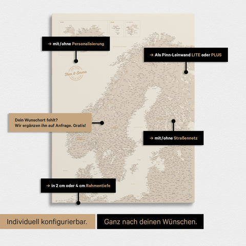 Konfigurationsmöglichkeiten einer Skandinavien-Landkarte als Pinn-Leinwand in Gold 