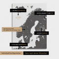 Konfigurationsmöglichkeiten einer Skandinavien-Landkarte als Pinn-Leinwand in Grau 