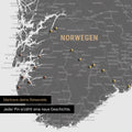 Detail einer Skandinavien-Karte als Pinn-Leinand in Grau mit Pins im Süden von Norwegen