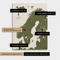 Konfigurationsmöglichkeiten einer Skandinavien-Landkarte als Pinn-Leinwand in Grün 