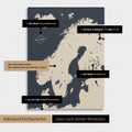 Konfigurationsmöglichkeiten einer Skandinavien-Landkarte als Pinn-Leinwand in Hale Navy 