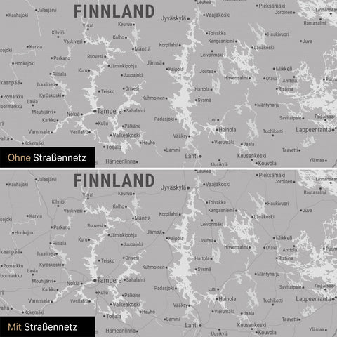 Skandinavien-Karte Leinwand in Hellgrau wahlweise mit oder ohne Straßennetz