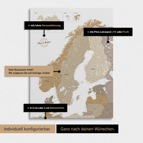 Konfigurationsmöglichkeiten einer Skandinavien-Landkarte als Pinn-Leinwand in Multicolor Beige 