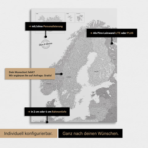 Konfigurationsmöglichkeiten einer Skandinavien-Landkarte als Pinn-Leinwand in Multicolor Grau 