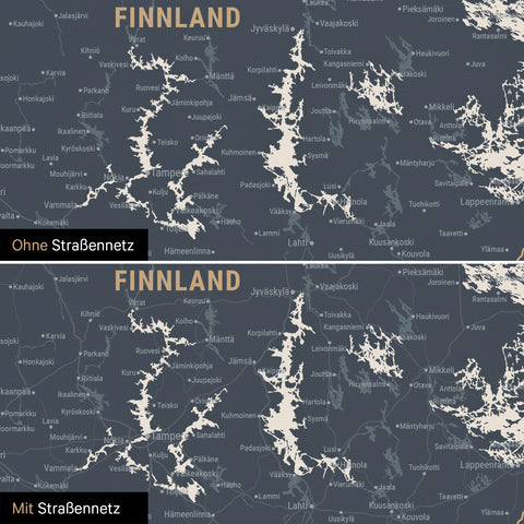 Skandinavien-Karte Leinwand in Navy Light wahlweise mit oder ohne Straßennetz