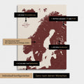 Konfigurationsmöglichkeiten einer Skandinavien-Landkarte als Pinn-Leinwand in Bordeaux Rot 