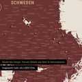 Ausschnitte einer Skandinavienkarte mit der Region Stockholm in Schweden als Pinn-Leinwand in Bordeaux Rot mit 2.900 Orten