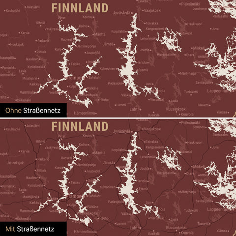 Skandinavien-Karte Leinwand in Bordeaux Rot wahlweise mit oder ohne Straßennetz