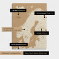 Konfigurationsmöglichkeiten einer Skandinavien-Landkarte als Pinn-Leinwand in Treasure Gold 