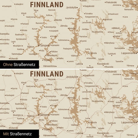 Skandinavien-Karte Leinwand in Treasure Gold wahlweise mit oder ohne Straßennetz