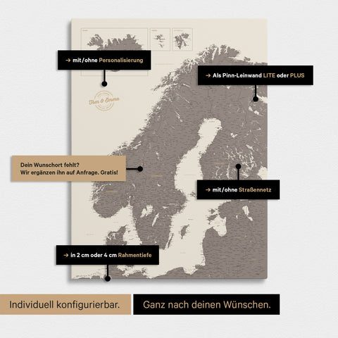 Konfigurationsmöglichkeiten einer Skandinavien-Landkarte als Pinn-Leinwand in Warmgray (Braun-Grau) 