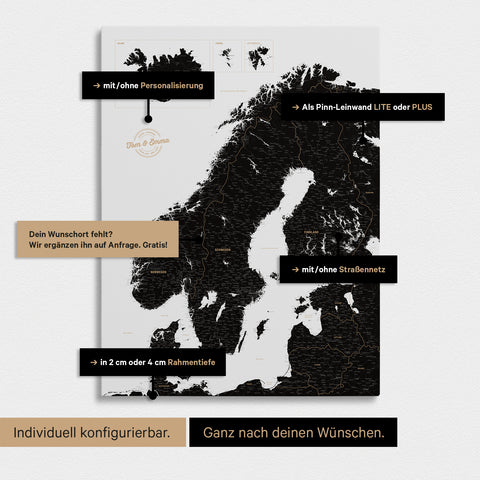 Konfigurationsmöglichkeiten einer Skandinavien-Landkarte als Pinn-Leinwand in Light Black 