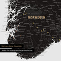 Detail einer Skandinavien-Karte als Pinn-Leinand in Light Black mit Pins im Süden von Norwegen