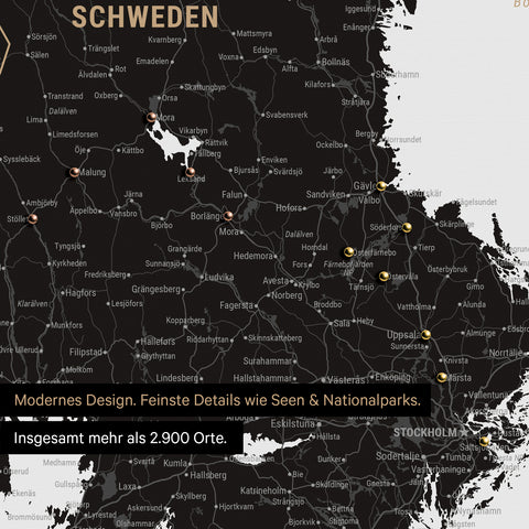 Ausschnitte einer Skandinavienkarte mit der Region Stockholm in Schweden als Pinn-Leinwand in Light Black mit 2.900 Orten