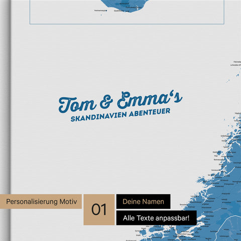 Skandinavien-Karte als Pinnwand Leinwand in Blau mit Personalisierung und Eindruck mit deinem Namen