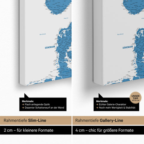 Skandinavien-Karte TRAVEL® Pinn-Leinwand – Ocean Blue