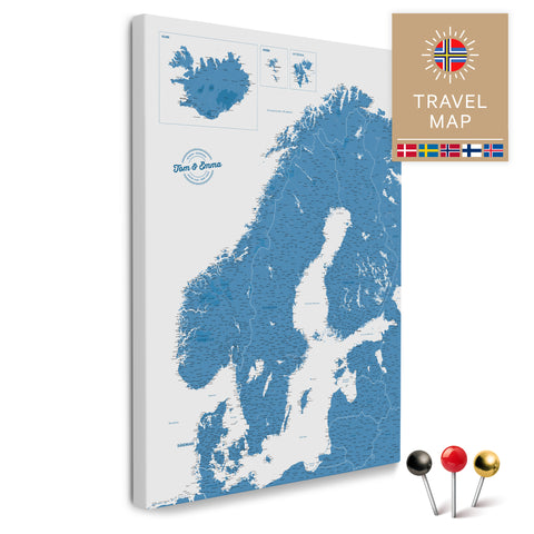 Skandinavien-Karte in Blau als Pinnwand Leinwand zum Pinnen und Markieren von Reisezielen kaufen