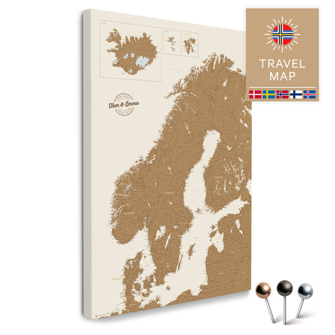 Skandinavien-Karte in Bronze als Pinnwand Leinwand zum Pinnen und Markieren von Reisezielen kaufen
