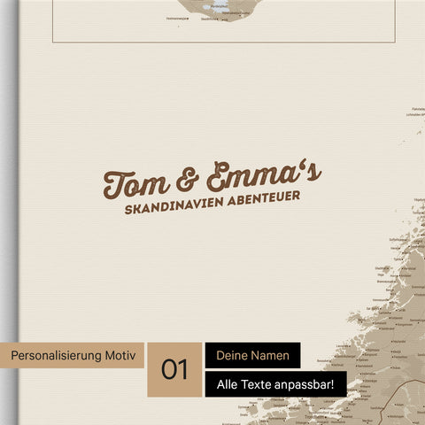 Skandinavien-Karte als Pinnwand Leinwand in Desert Sand (Beige) mit Personalisierung und Eindruck mit deinem Namen