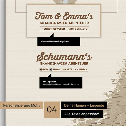 Pinnwand Leinwand einer Skandinavien-Karte in Desert Sand (Beige) mit Personalisierung als Logo mit Familiennamen