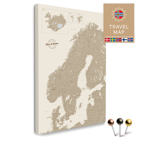 Skandinavien-Karte in Desert Sand (Beige) als Pinnwand Leinwand zum Pinnen und Markieren von Reisezielen kaufen