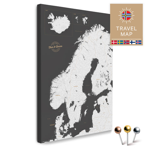 Skandinavien-Karte in Dunkelgrau als Pinnwand Leinwand zum Pinnen und Markieren von Reisezielen kaufen