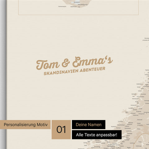 Skandinavien-Karte als Pinnwand Leinwand in Gold mit Personalisierung und Eindruck mit deinem Namen