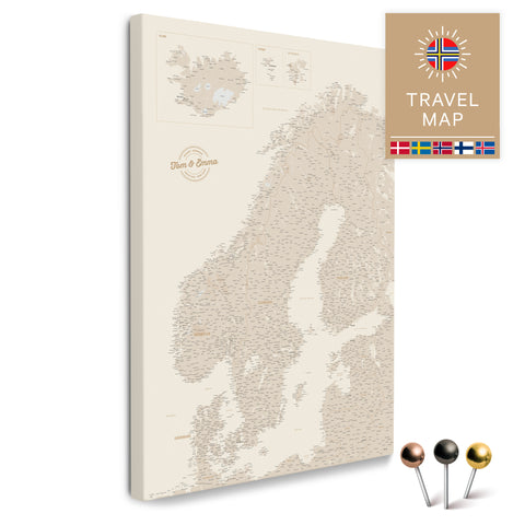 Skandinavien-Karte in Gold als Pinnwand Leinwand zum Pinnen und Markieren von Reisezielen kaufen