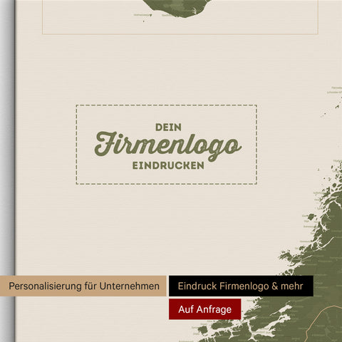Skandinavien-Karte als Pinn-Leinwand in Grün mit Eindruck eines Firmenlogos