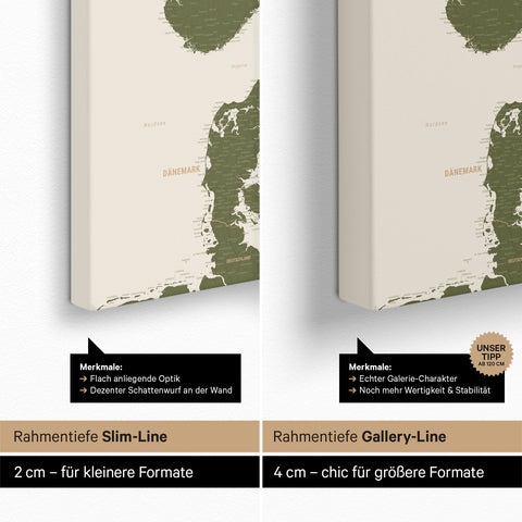Skandinavien-Karte TRAVEL® Pinn-Leinwand – Olive Green